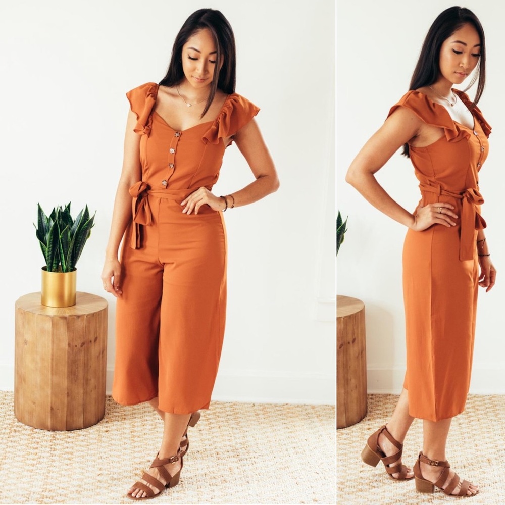 NWT Waverly Caramel Ruffled Sleeve Jumpsuit - Picture 3 of 4
